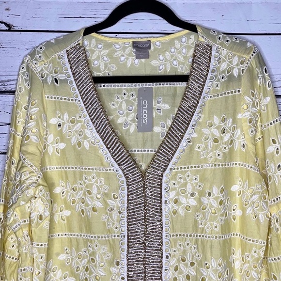 Chico's NWT 2 (L) Lemon Yellow Eyelet Embroidered V-Neck Embellished Blouse Top - Picture 2 of 4